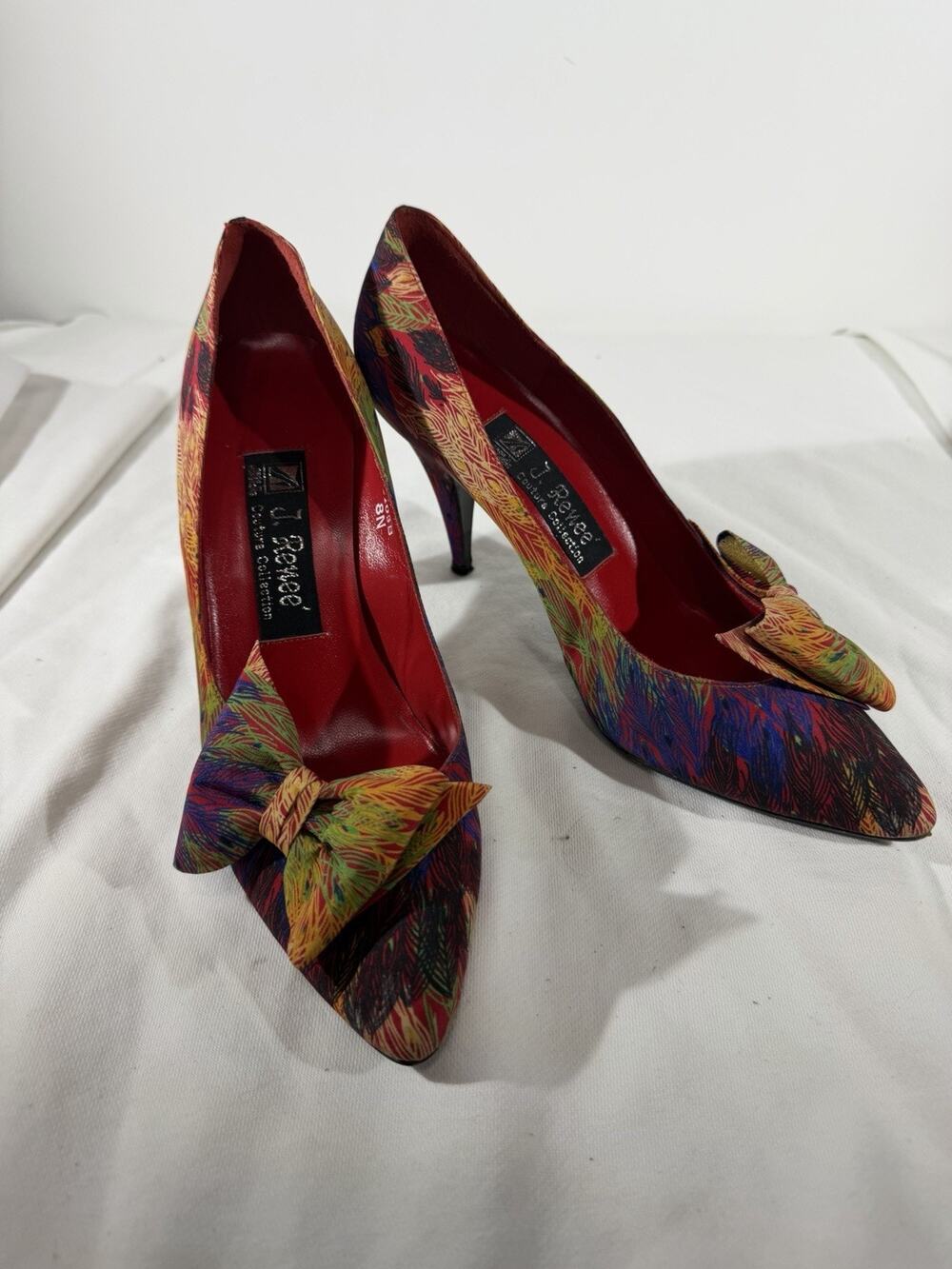 Vintage 80s J. Renee' Couture Silk Multicolor Pointed Toe Pumps Bow Size 8 N